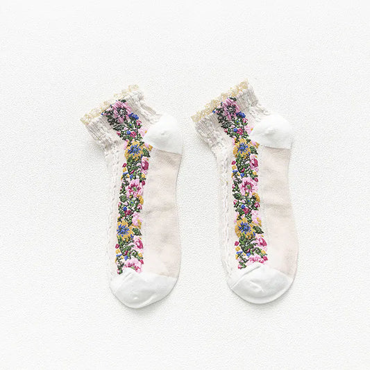 Women's Retro Floral Lace Cotton Boat Socks - Joomcy