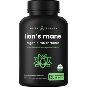 Black plastic bottle of nutra champs lion’s mane organic mushrooms supplement, featuring a green lotus logo and label detailing 120 capsules enhanced with cordyceps & reishi.