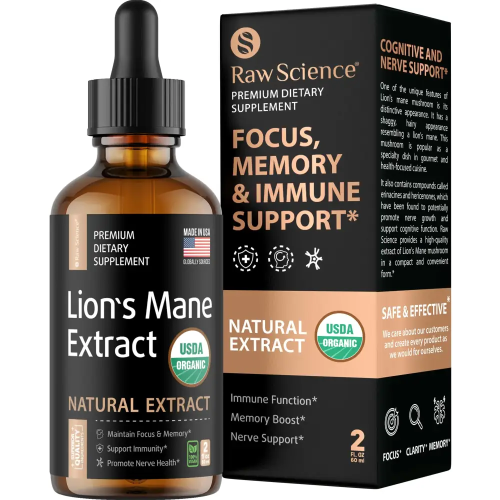 Raw science lion’s mane extract in a dark amber glass bottle with black dropper cap and matching box, featuring usda organic certification.
