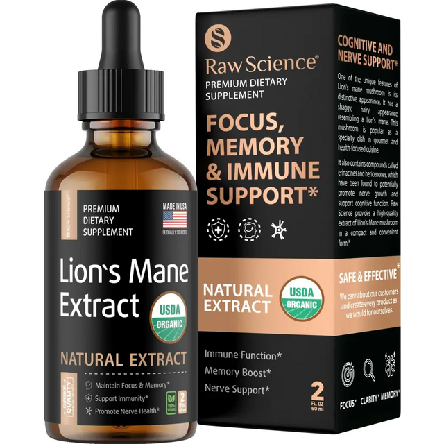 Raw science lion’s mane extract in a dark amber glass bottle with black dropper cap and matching box, featuring usda organic certification.