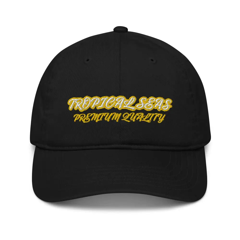 Black baseball cap with gold and white embroidered text reading ’tropical seas premium quality.’