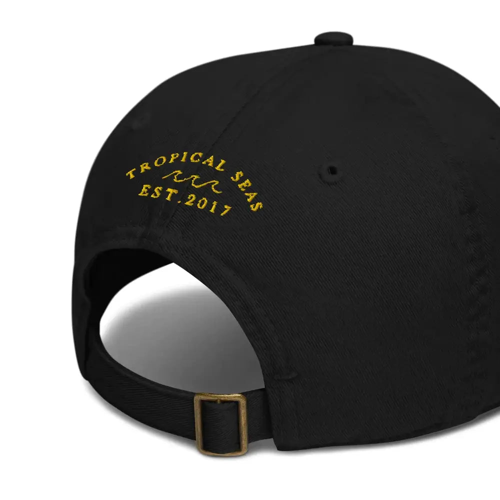 Black cotton baseball cap with gold embroidered ’tropical seas est.