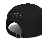 Black cotton baseball cap with gold embroidered ’tropical seas est.