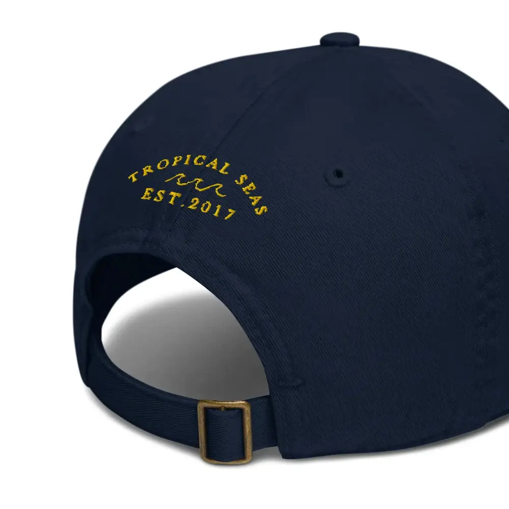 Navy blue cotton baseball cap with gold embroidered ’tropical seas est.
