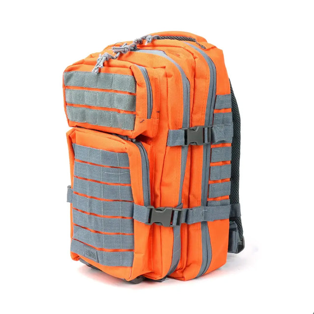 Bright orange tactical backpack with gray webbing straps and black plastic buckles.