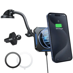 Black magnetic car mount with adjustable arm and suction cup, featuring a sleek design for wireless charging.