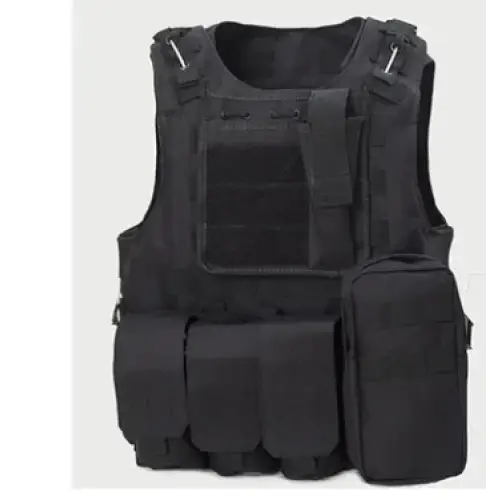 Black tactical vest with multiple pouches and adjustable straps.