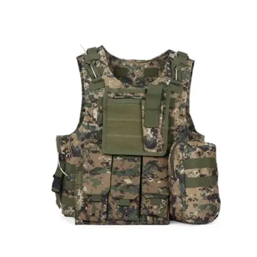 Camouflage tactical vest with multiple pouches and olive green accents.