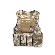 Multicam-patterned tactical vest with tan webbing and multiple pouches.