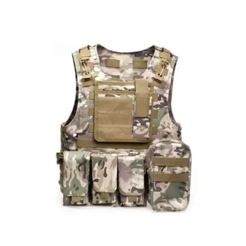 Multicam-patterned tactical vest with tan webbing and multiple pouches.