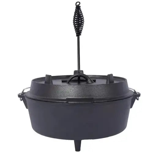 Black cast iron dutch oven with a spring-loaded handle and three legs.