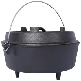 Black cast iron dutch oven with a sturdy wire handle and three short legs.