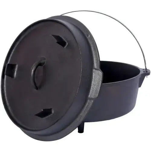 Black cast iron dutch oven with a wire handle and lid featuring three ventilation slots.
