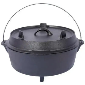 Black cast iron dutch oven with a sturdy wire handle and three legs.