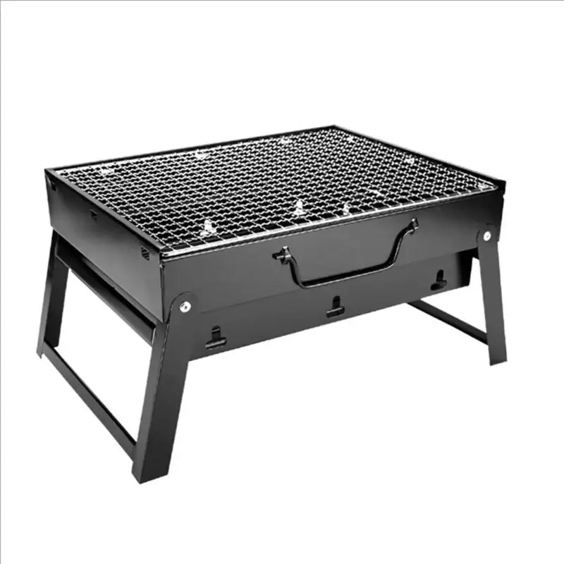 Black portable folding charcoal grill with a mesh cooking surface and sturdy metal legs.