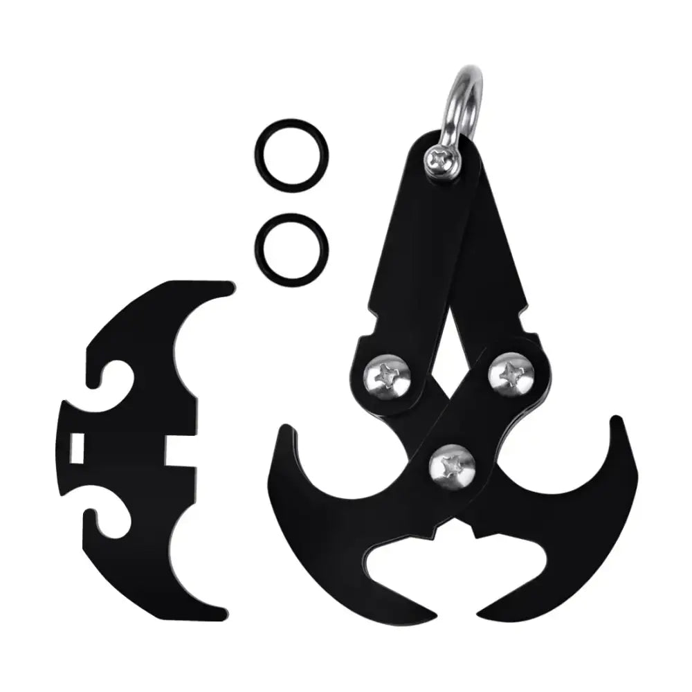 Black metal multi-tool with a key ring attachment and three silver star-headed screws.
