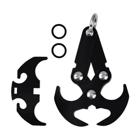 Black metal multi-tool with a key ring attachment and three silver star-headed screws.