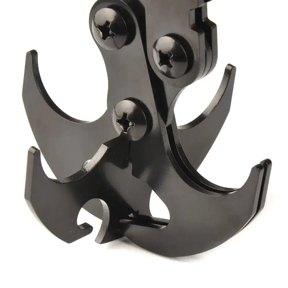 Black metal multi-tool with three curved hooks and star-shaped screws.
