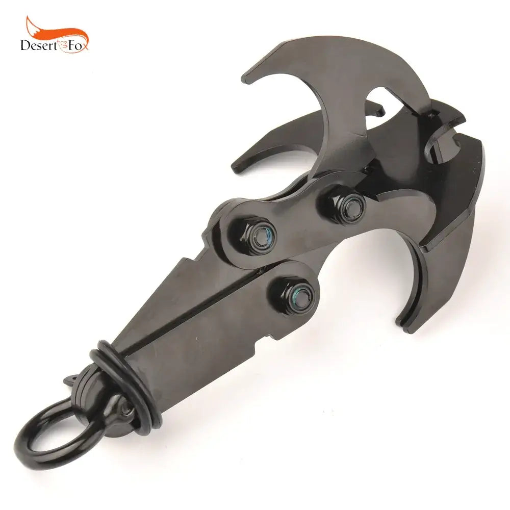 Black metal multi-tool with a sleek, angular design and integrated hook at the end.