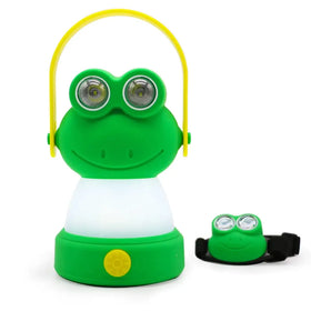 Green frog-shaped lantern with yellow handle and eyes, featuring a white translucent body and green base.