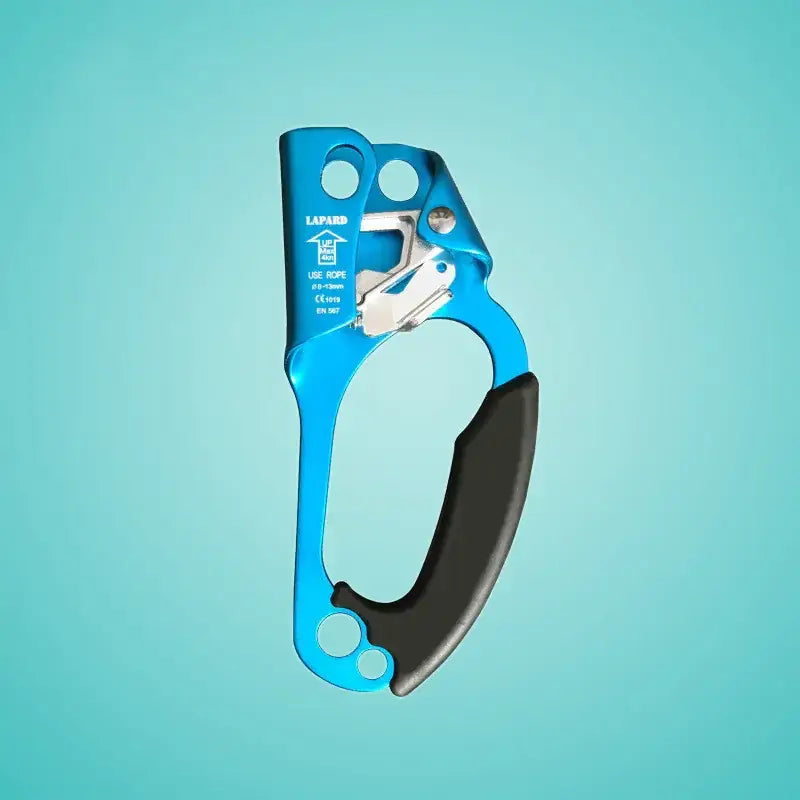 Blue aluminum climbing device with black rubber grip and silver metal components.