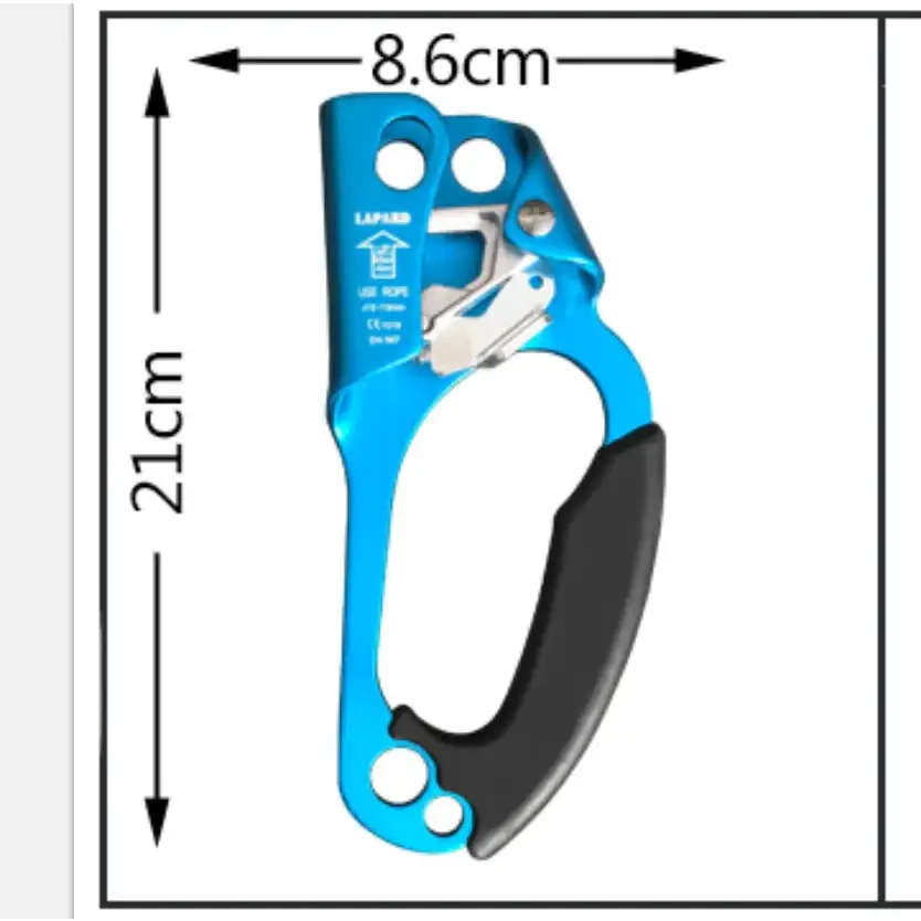 Blue and black climbing rope grabber with a textured grip.