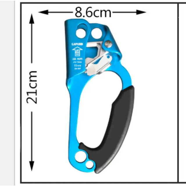 Blue and black climbing rope grabber with a textured grip.