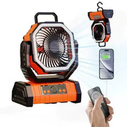 Orange and black portable fan with built-in bluetooth speaker, usb charging port, and detachable hanging lamp.