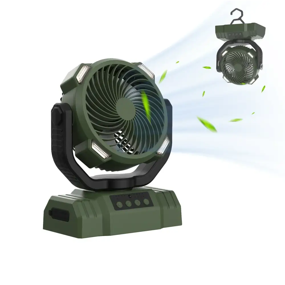 Olive green portable camping fan with integrated led lights and a detachable hanging model.