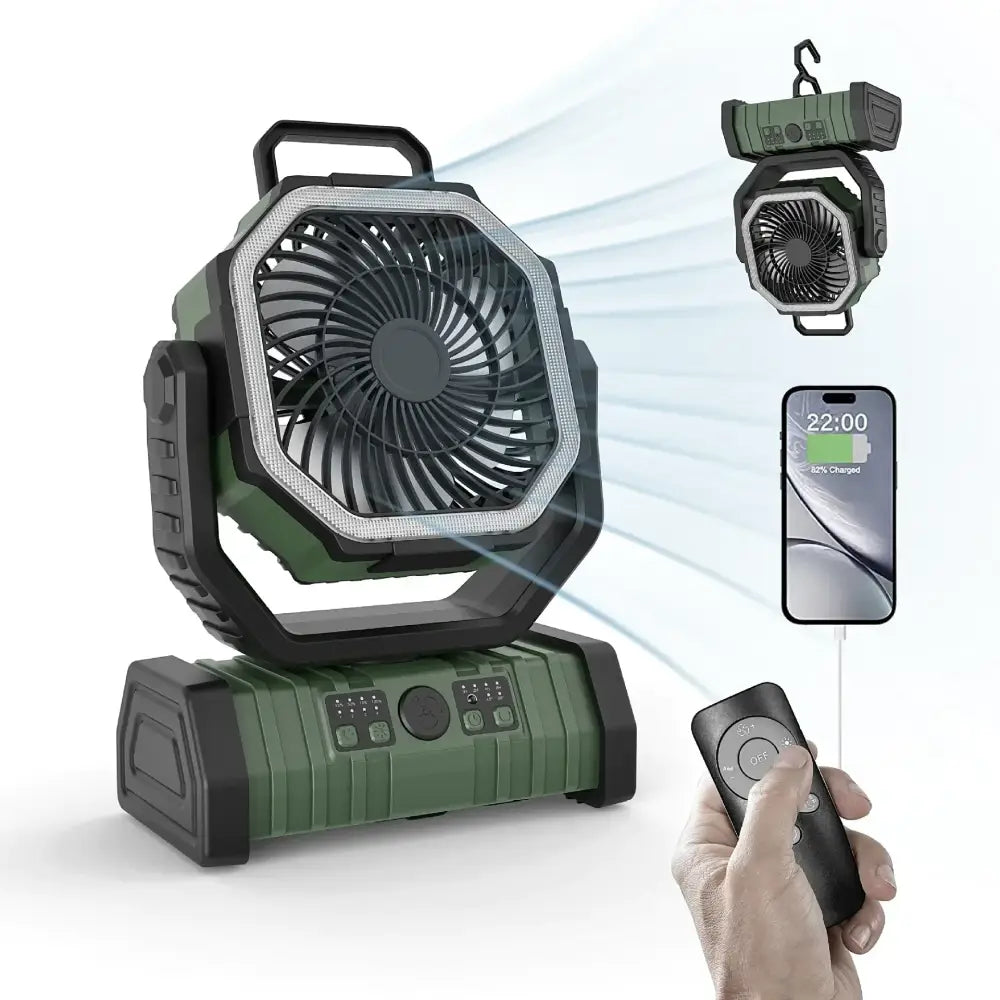 Olive green and black portable multi-functional fan with built-in led light, usb charging port, and detachable hanging lamp.