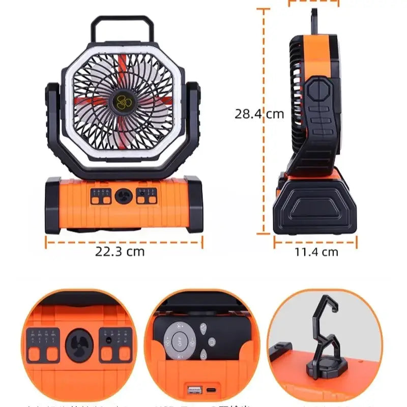Orange and black portable camping fan with a built-in led light, featuring an octagonal design and handle for easy carrying.