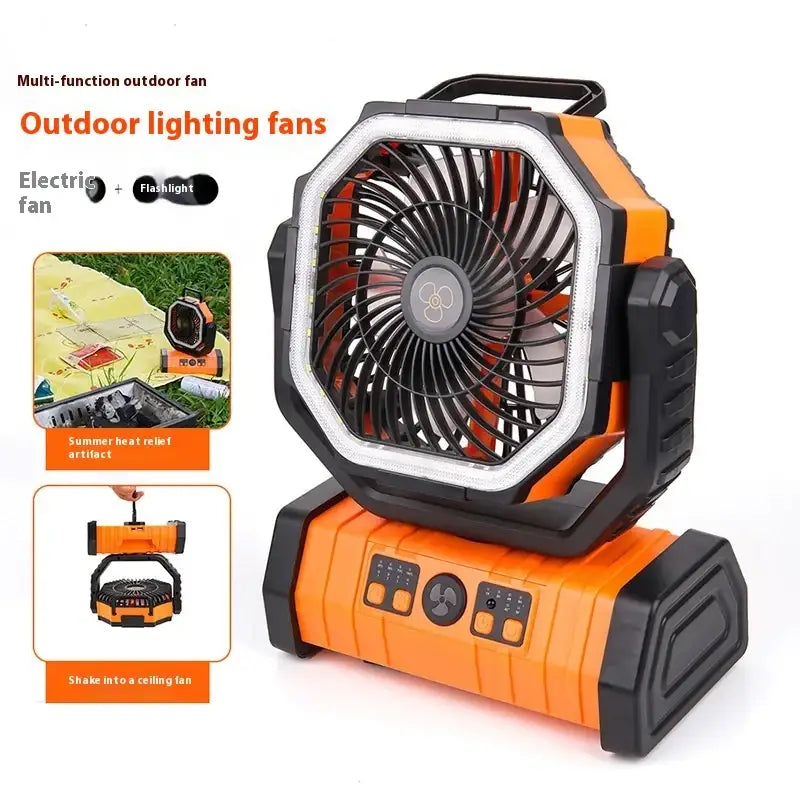 Orange and black octagonal outdoor fan with integrated flashlight.
