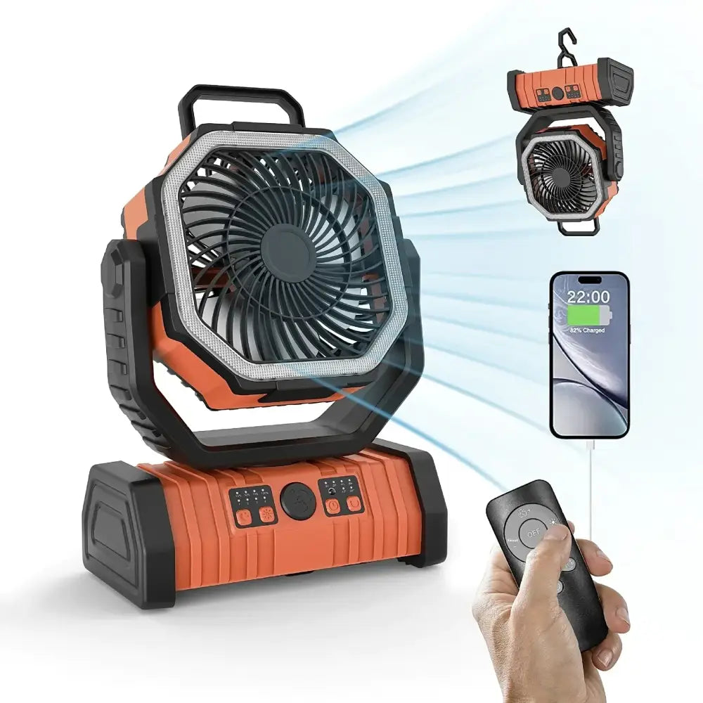 Orange and black portable camping fan with built-in led light, rechargeable battery, and usb charging port.