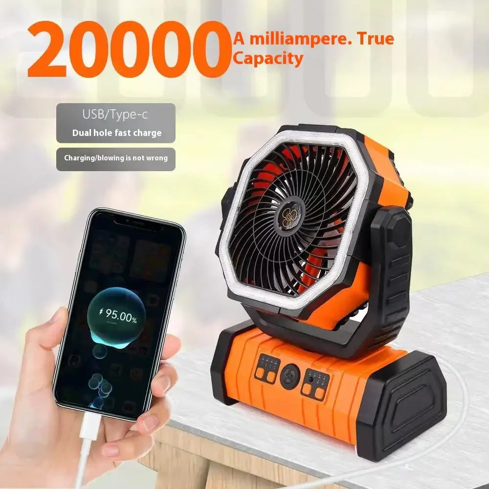 Orange and black octagonal portable fan with usb-c charging capability.