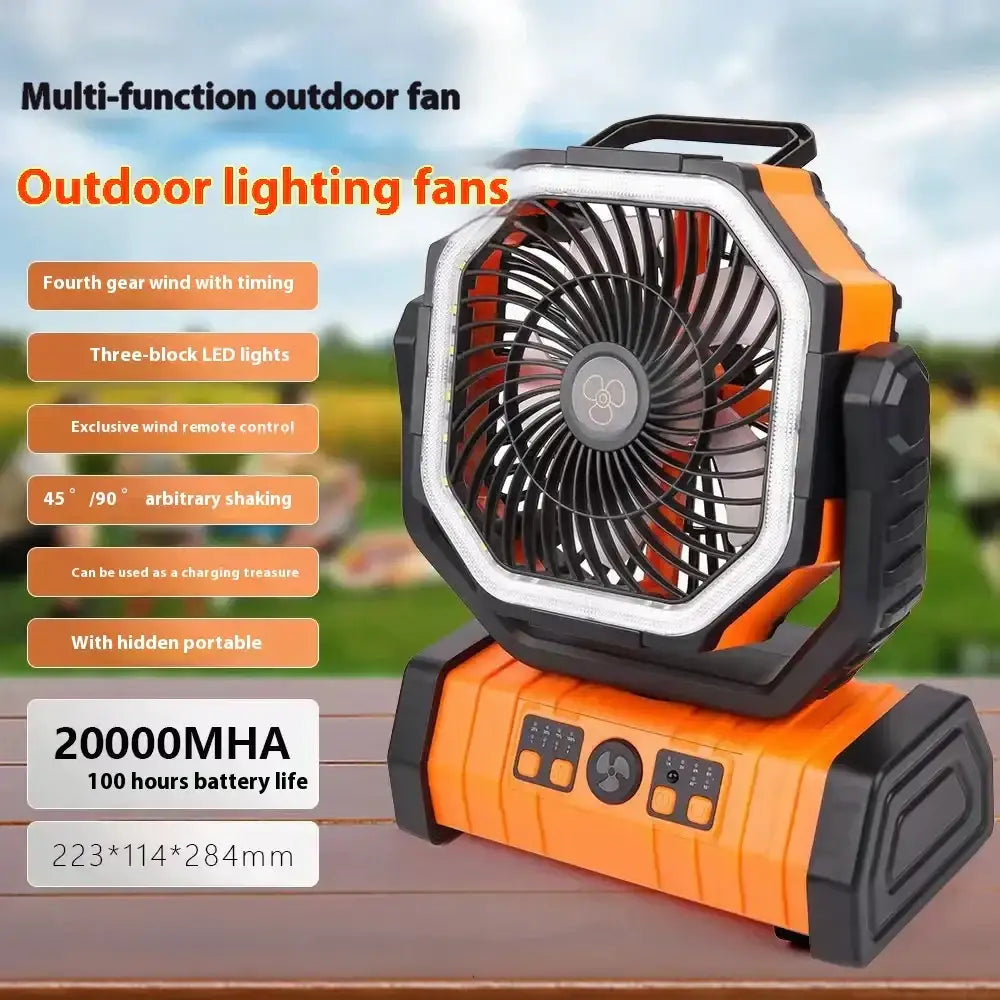 Orange and black multi-function outdoor fan with led lighting.