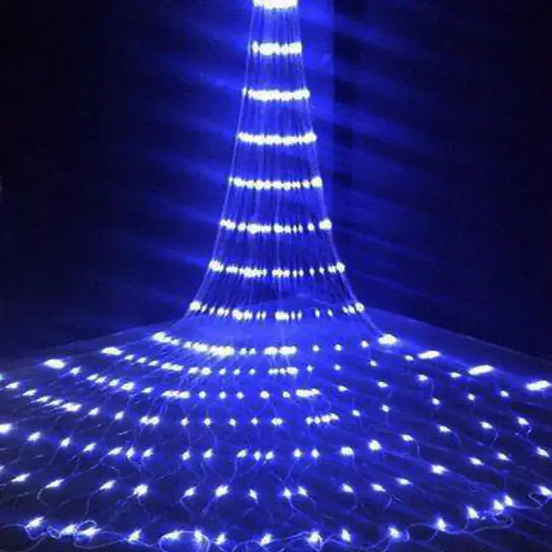 Blue led light curtain with a tiered, cascading design.