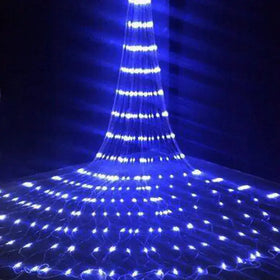 Blue led light curtain with a tiered, cascading design.
