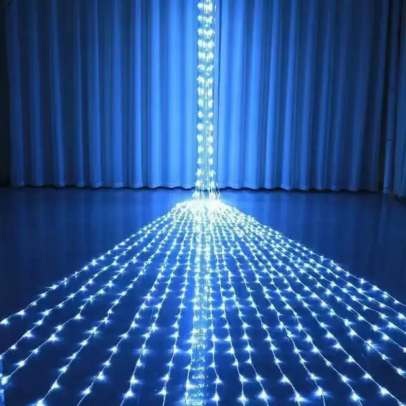 A glowing blue led light net, featuring a grid of bright white lights arranged in rows and columns on a dark surface.