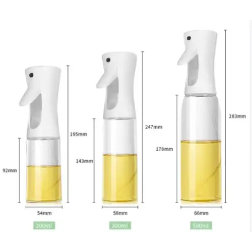 Three white spray bottles with clear bodies, each containing yellow liquid and labeled with capacities of 200ml, 300ml, and 500ml.
