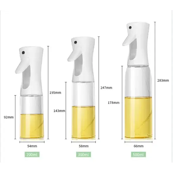 Three white spray bottles with clear glass bodies, each containing a yellow liquid and featuring different capacities: 200ml, 300ml, and 500ml.
