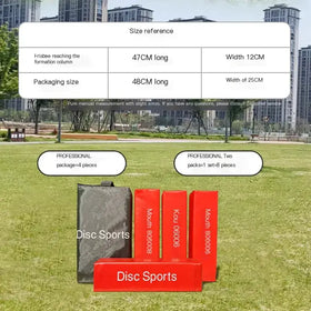Black textured carrying bag with ’disc sports’ branding and red rectangular markers labeled for disc sports training equipment.