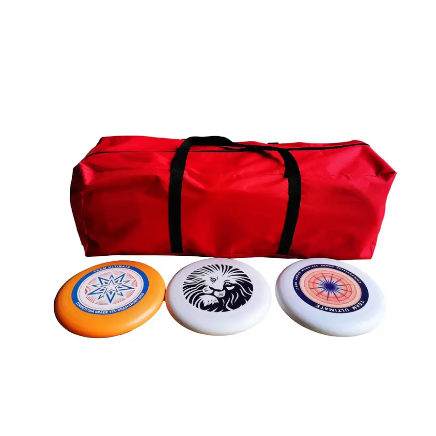 Red fabric carrying bag with black straps.