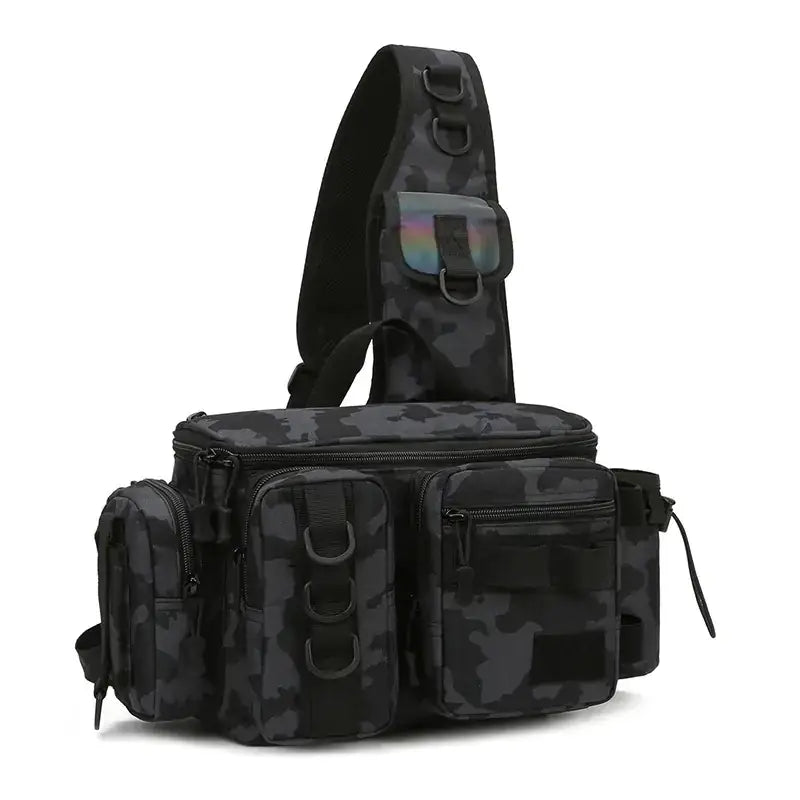 Black camouflage tactical crossbody bag with multiple zippered compartments and a reflective patch on the strap.