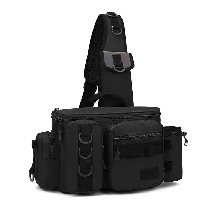 Black tactical crossbody bag with multiple zippered compartments and d-ring attachments.