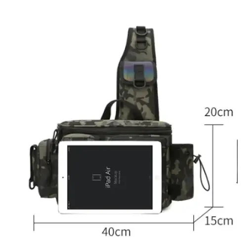 Camouflage-patterned tactical shoulder bag with multiple compartments and a front pocket holding an ipad air.