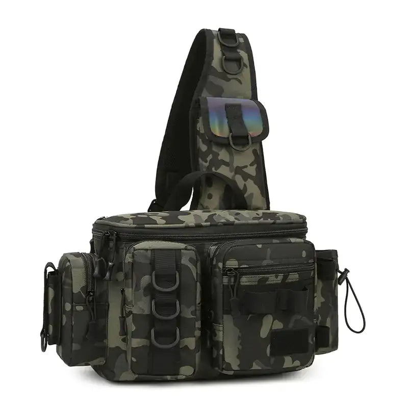 Camouflage-patterned tactical crossbody bag with multiple zippered compartments and black webbing straps.