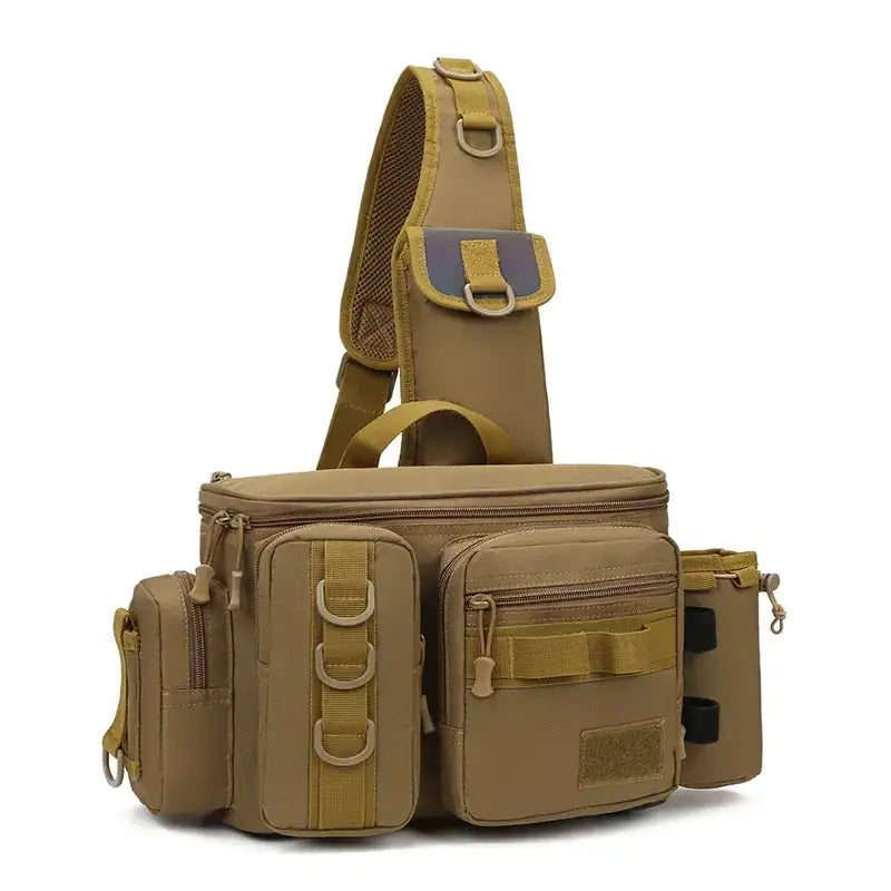 Tan tactical fishing chest pack with multiple zippered compartments and adjustable shoulder strap.
