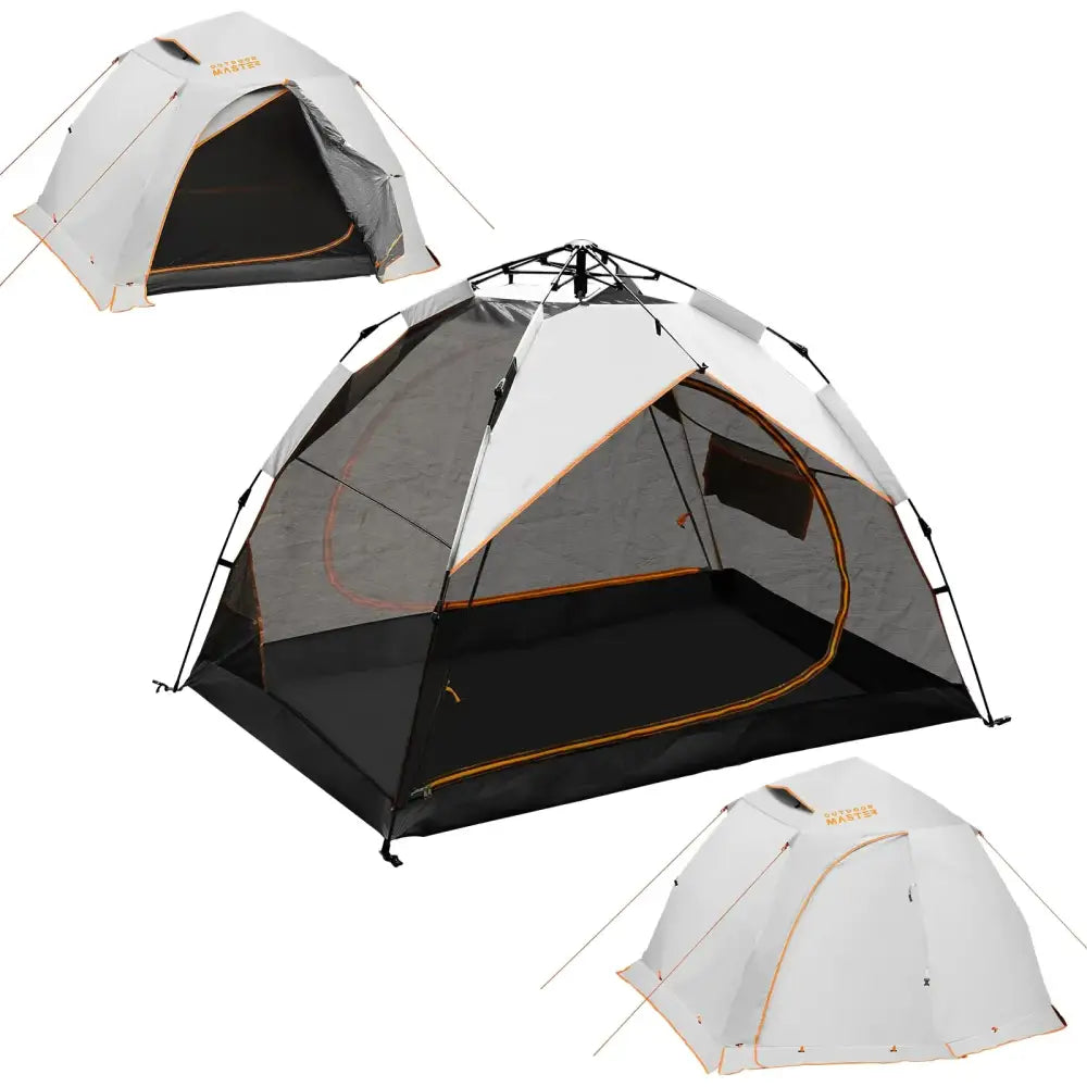 White and black mesh tent with orange trim, featuring a ’mars’ logo on the peak.