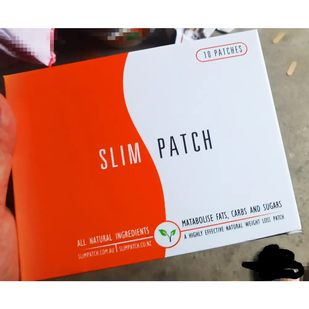 Orange and white box of slim patch weight loss patches.