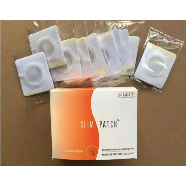 A box of slim patch weight loss patches, featuring a white and orange design with the brand name prominently displayed.
